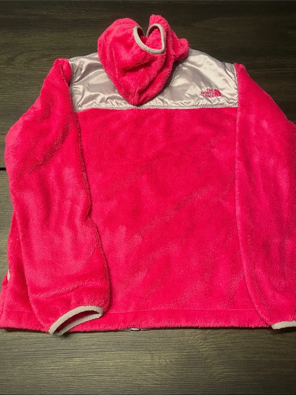 The North Face Bright Pink Hooded Fleece Jacket with Silver Yoke
